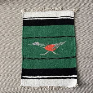 Vintage Southwestern  Wool Rug Table Wall Hand Woven Green Bird Roadrunner